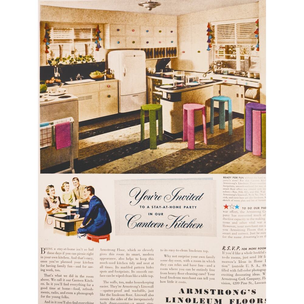 1942 Vtg Canteen Kitchen Seating Print Ad Armstrong Linoleum Stylish‎ WWII Era